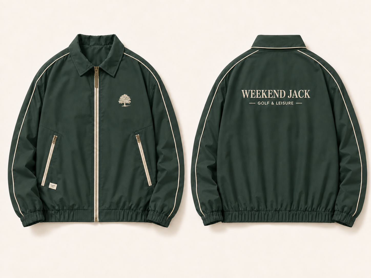 Concept front and back views of the forest-green Weekend Jack full-zip jacket with a small cream tree chest emblem, plain collar and Weekend Jack back wordmark